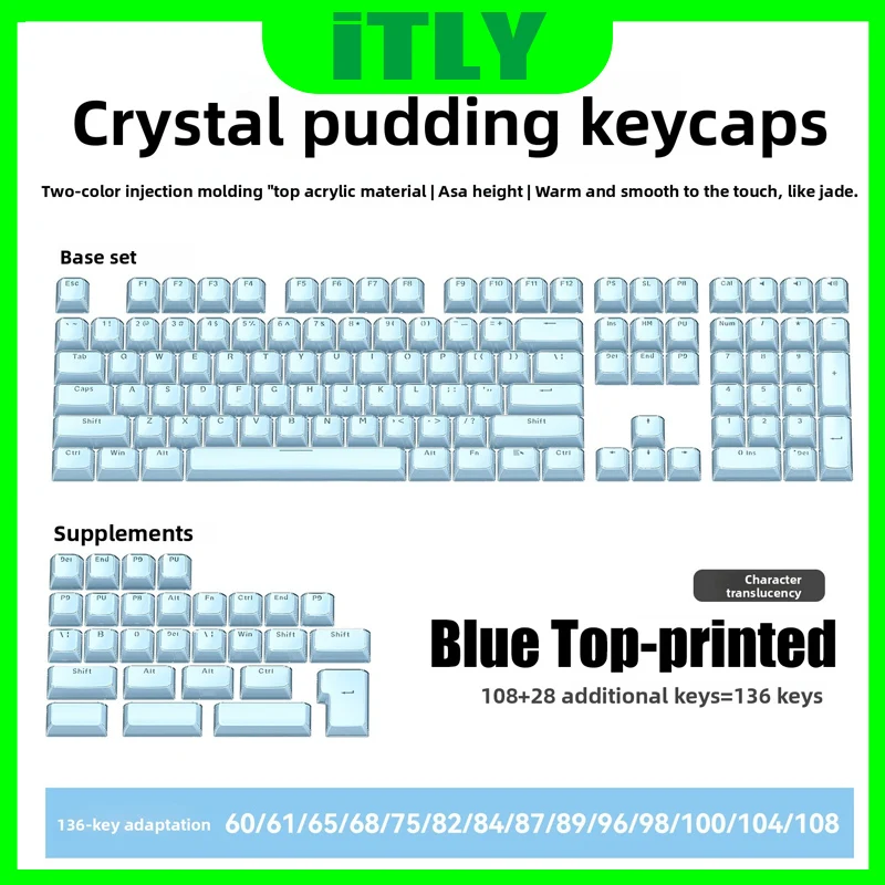 

136 Keys Crystal Jelly Keycap Top Translucent PBT Side Double-Layer Flow Pattern Keycaps OEM Profile Top For Mechanical Keyboard