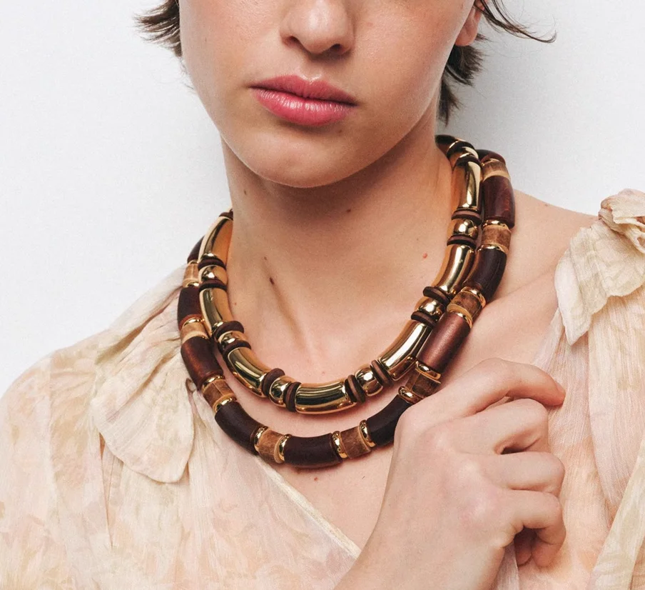 Europe and the United States big-name exaggerated design sense wood and bamboo splicing niche necklace personality retro street