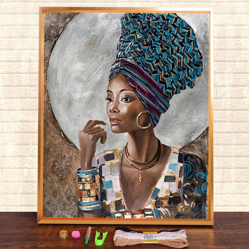 African Woman Printed Canvas 11CT Cross Stitch DIY Embroidery Complete Kit DMC Threads Craft Needlework Handicraft     Needle