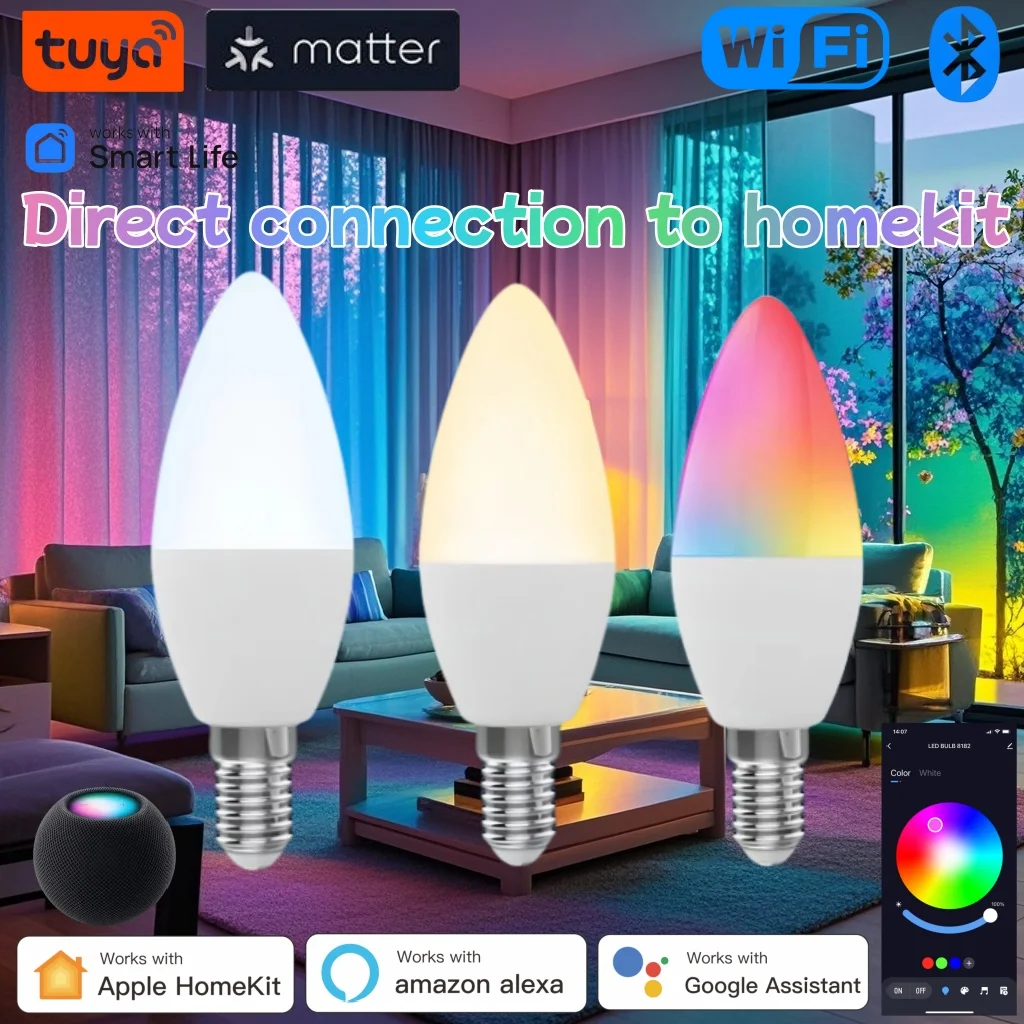 Tuya Materr Smart C37 Candle Light E12, Wi‑Fi Connectivity, Remote Control, Voice Control, Compatible With Alexa And Google Home