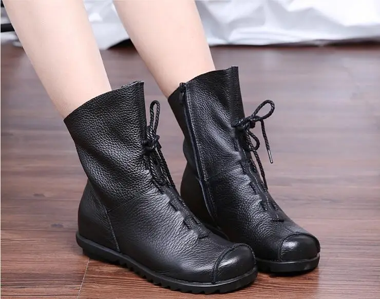 Genuine Leather Plush women\'s short Boots Retro Casual Autumn Winter Women Boots Waterproof warm Snow boots Plus Size 42