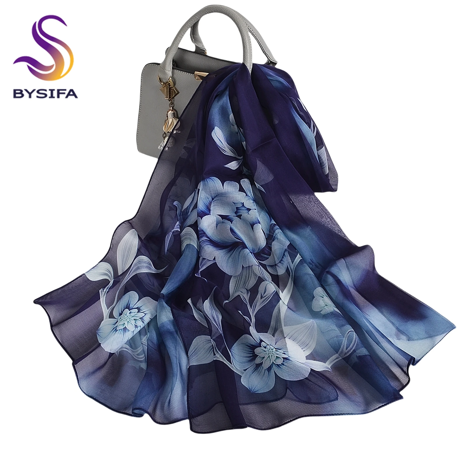 

[BYSIFA] Women Navy Blue Pure Silk Scarf Hijab Fashion Peony Design Long 100% Silk Shawl Scarf Fall Winter Silk Scarves Echarpes