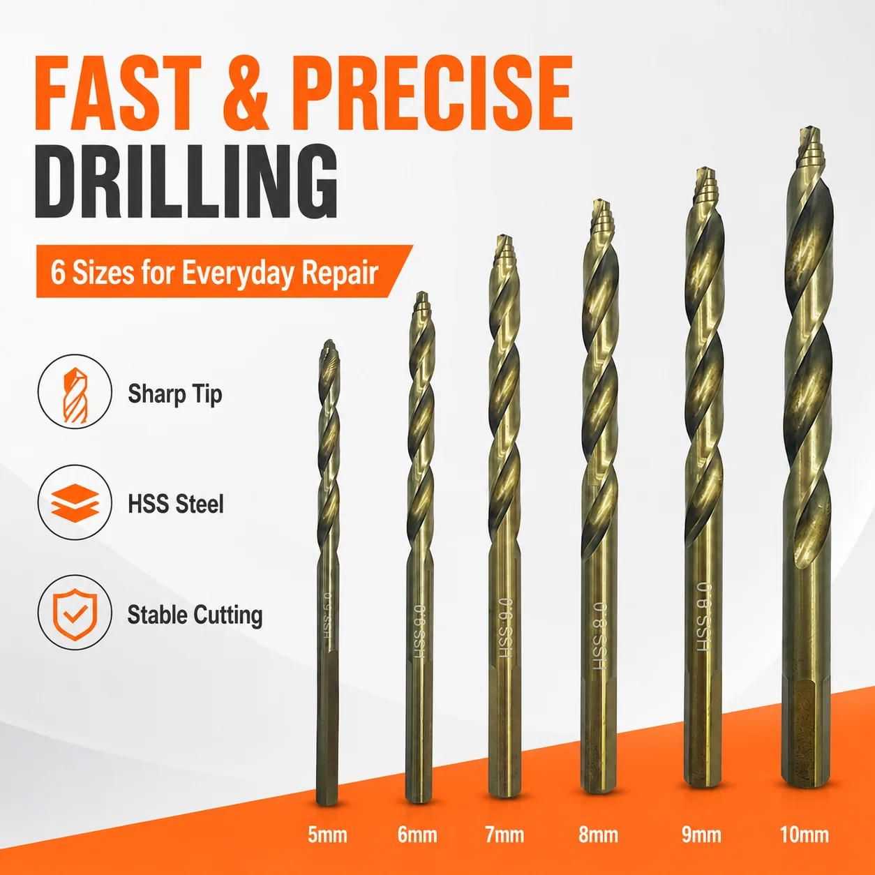 6Pcs HSS Twist Drill Bits Set 5-10mm, Round Shank Drilling Bits for Soft Metal, Wood, Plastic & PVC