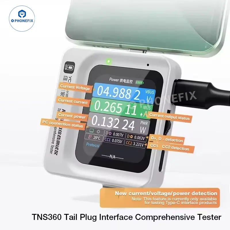 YCS TNS360 Tail Plug Tester, Type-C & Lightning Charging Port Detector Auto Scan Voltage Current Power for Phone Laptop Repair
