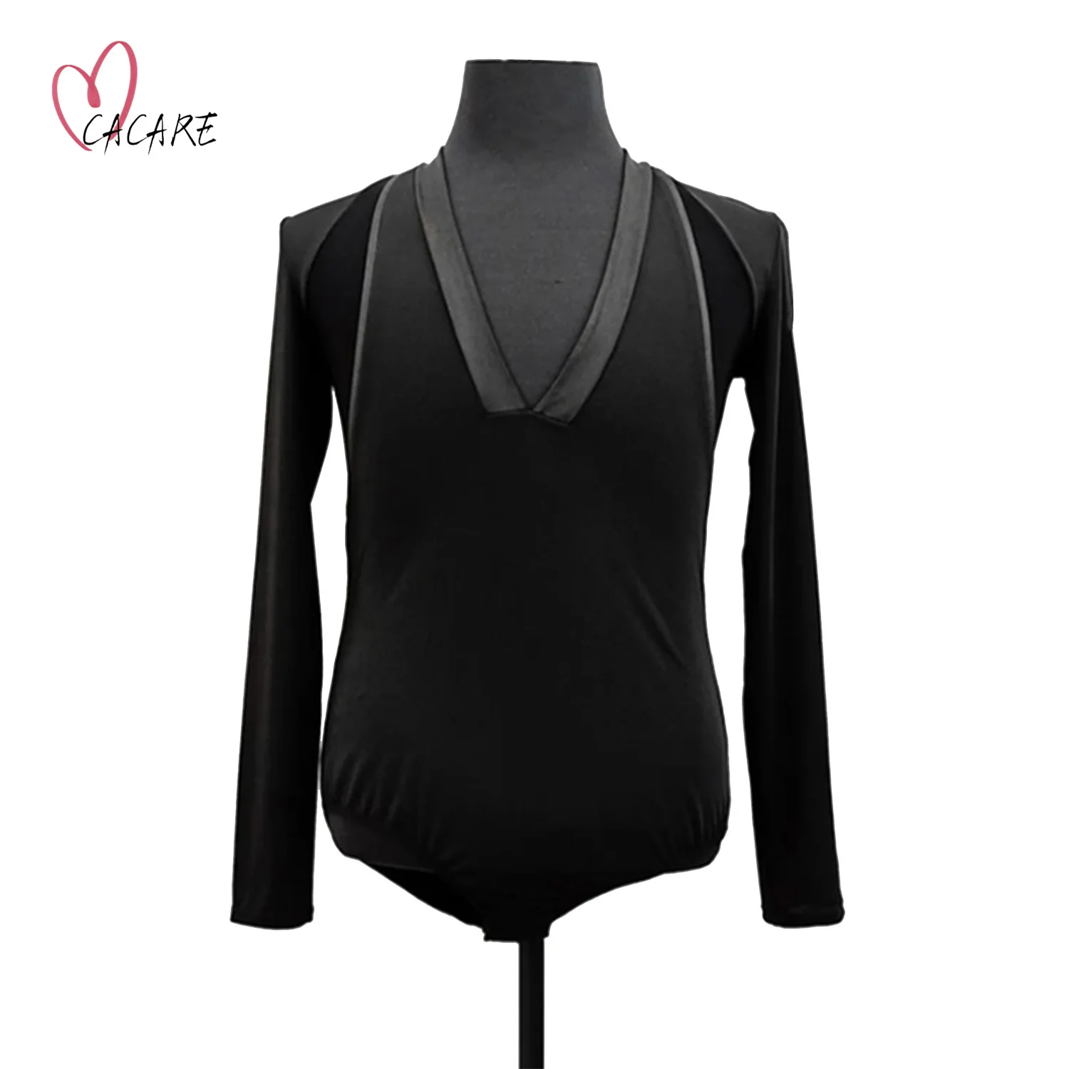 Leotard Bodysuit Mens Shirts for Latin Ballroom Dance Competition Top Practice Wear D0838 PU Collar Mesh Sleeve S-2XL CACARE