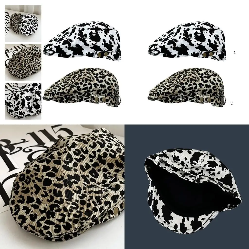 

39BB Unisex Cow/ Leopard Print Berets Hat for Men Women Peaked Cap Duckbill Cap