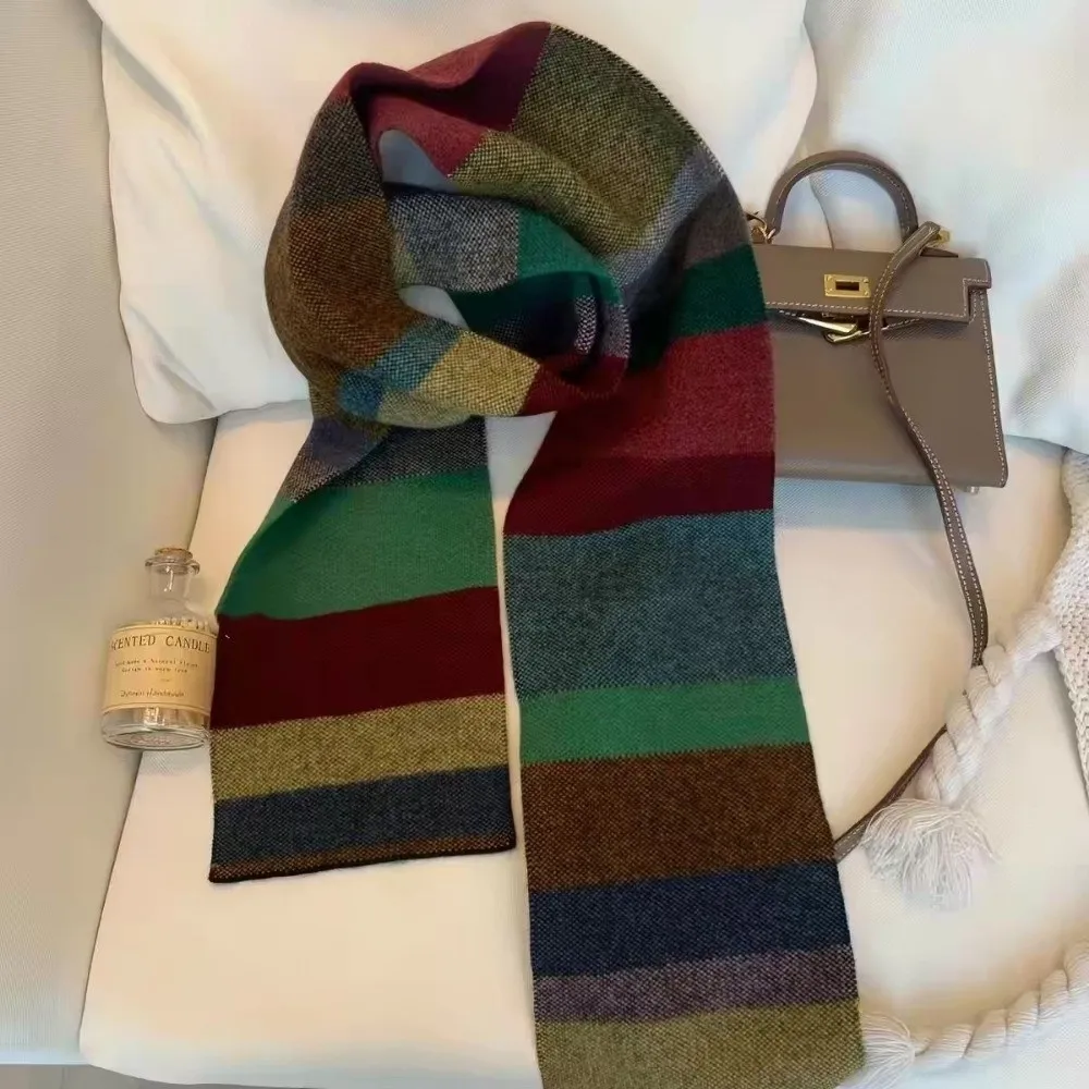 Versatile Striped Plaid Women Striped Scarf Rainbow Color Block INS Knitted Scarf Soft Cozy Korean Style Winter Shawl Vacation
