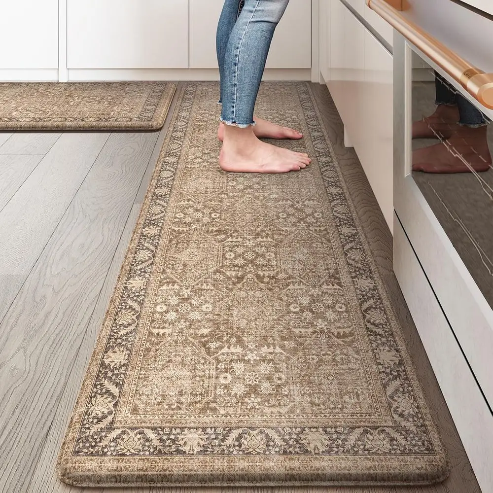Antique Kitchen Mat, 17x59+17x29 Vintage Rugs, Waterproof Kitchen Floor Mats Non Slip, Comfort Foam Standing Mat for Sink, Laund