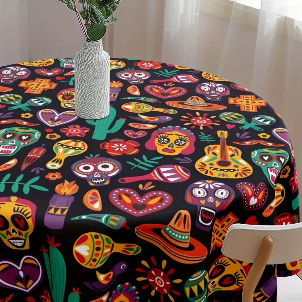 1 piece of Dia de los Muertos tablecloth, featuring skull patterns, paired with tortillaszyc