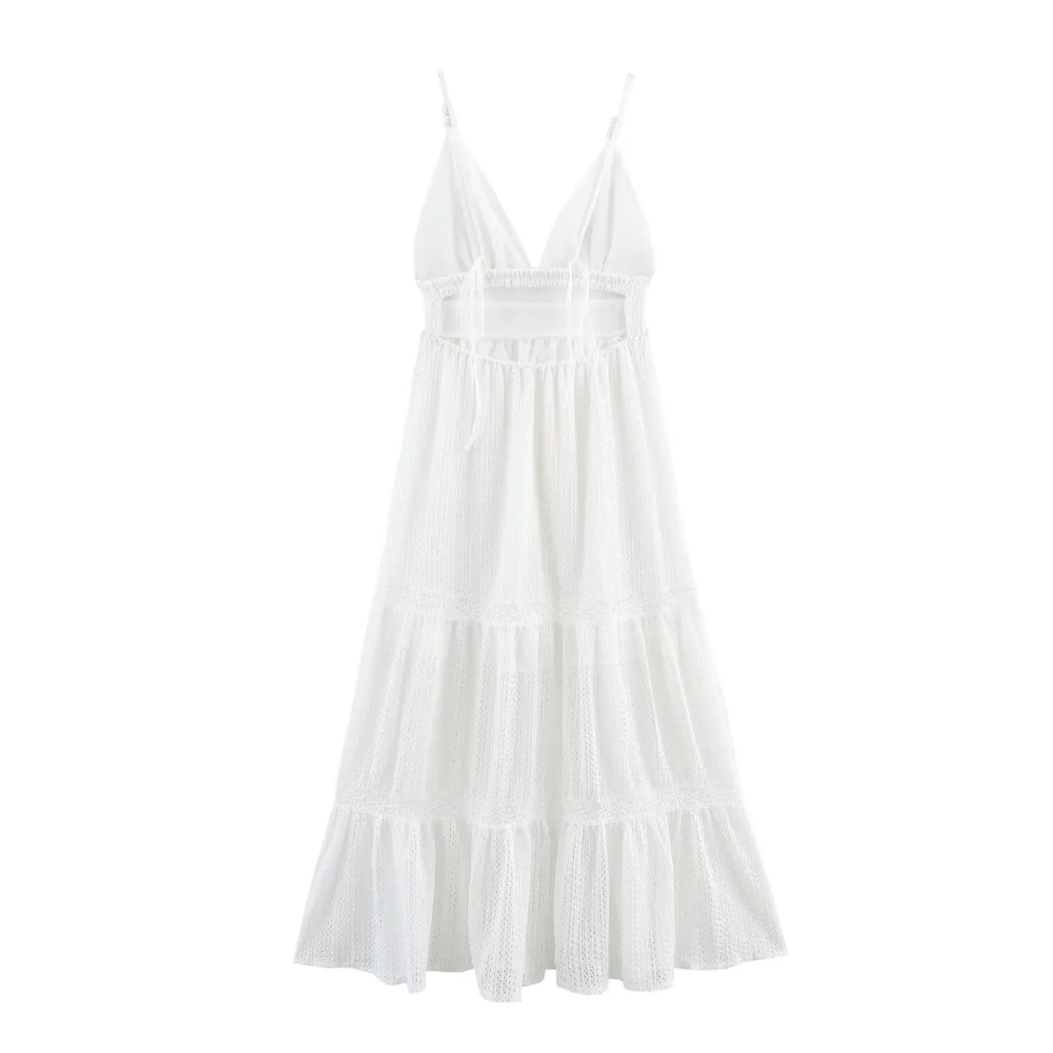 RARA 2025 Robe longue à plusieurs niveaux pour femme, bretelles spaghetti, col en V profond, taille smockée, pour l'été et la plage