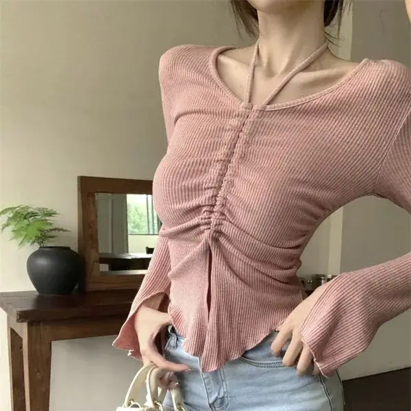 Hot girl v-neck pleated straps pink T-shirt for women autumn design waist slim fit bottoming long-sleeved top