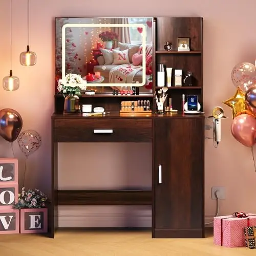 Brown Vanity Desk with Mirror and Lights, Makeup Vanity for Girls | Compact Wooden Vanity, LED Strip Mirror, 1 Drawer