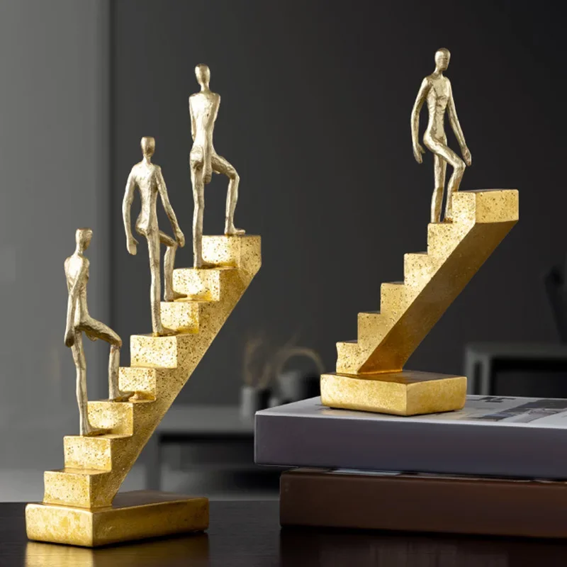Creative Resin Handicraft Figure Sculpture Staircase Ladder Golden Man Abstract Decorative Figurines Room Decoration Accessories