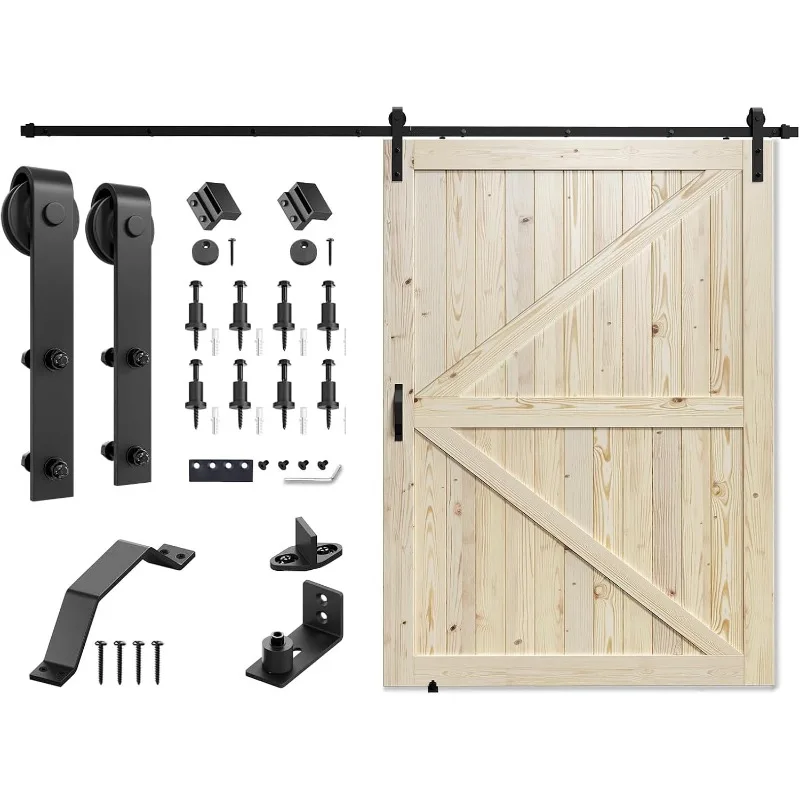 Sliding barn door with barn door hardware kit and handles, pre-drilled for immediate assembly