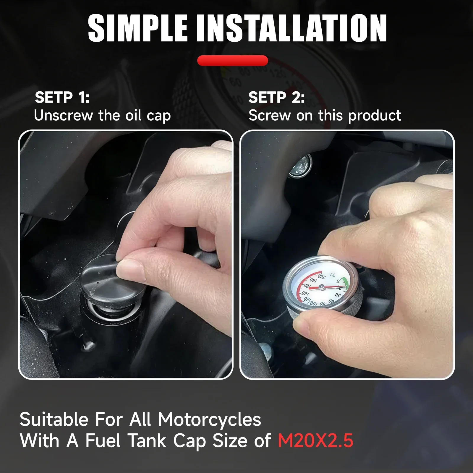Thread size M20x2.5 Motorcycle Fuel Tank Caps With 35MM Oil Temperature Gauge 0-200 Pointers Thermometer Cap Cover Black/Silver