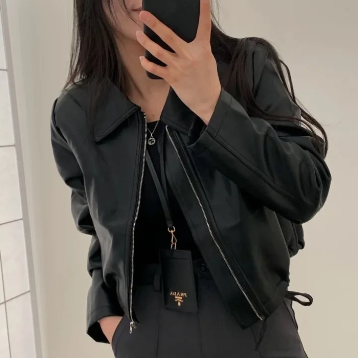 

Sli ort Байкерская кожаная куртка женская укороченная кожаная куртка на молнии простая универсальная весенняя верхняя одежда Faion