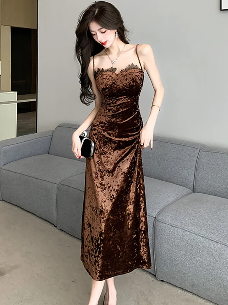 Women Velvet Elegant Lace Luxury Sling Sexy Club Dress Summer Korean Vintage Bodycon Festival Dress 2024 Fashion Evening Dresses