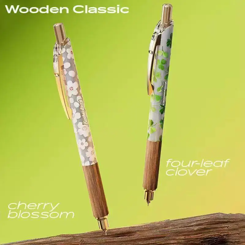KOOKEI Sakura Clover Limited Edition Gel Pen Set(Pen+2Refills),0.5mm CS Tip,Retractable&Quick-Dry,Wooden Grip Effortless Writing