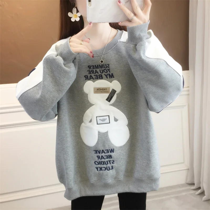 Sweatshirts Women\'s Autumn Cotton Hoodies O-neck Loose Pullovers Harajuku Girls Kawaii Bear Tops Oversized Long Sleeve Hoody