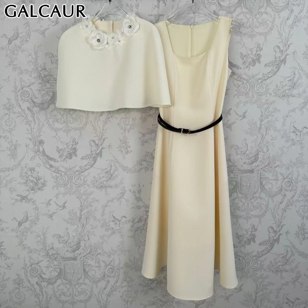 

GALCAUR Solid Slimming Fashion Two Piece Sets for Women Spliced 3D Flowers Top Square Neck Sleeveless Slimming Dress Female New