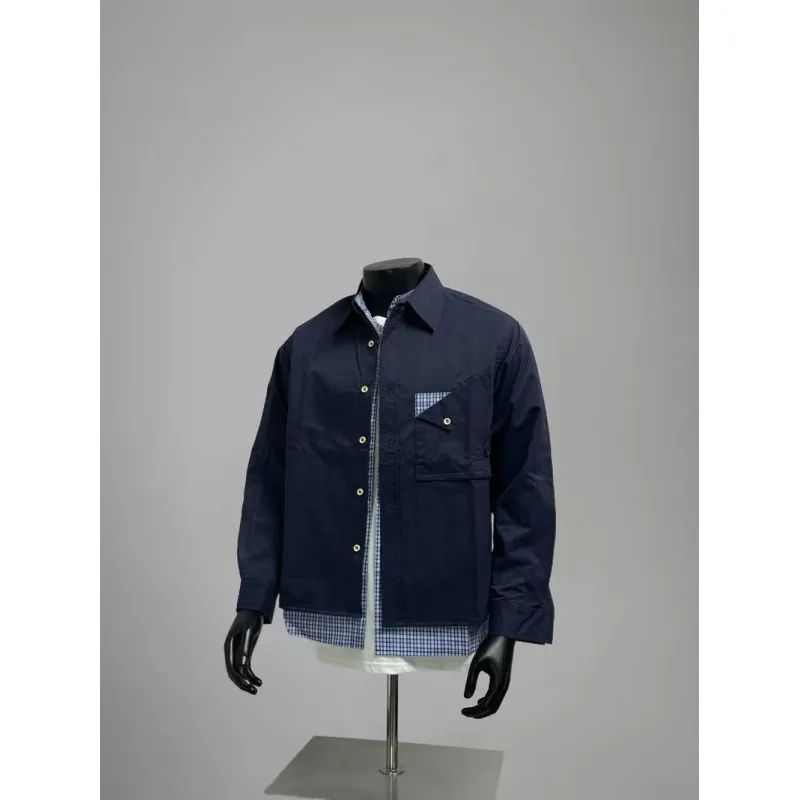 Men's Fake Two Piece Plaid Trim Jacket Navy Blue Long Sleeve Casual Streetwear Top