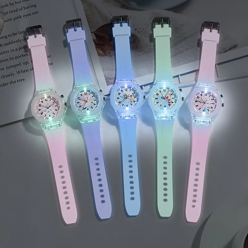 【Watch+Bracelet】Girls Light Luminous Cartoon Unicorn Quartz Wristwatch with Beaded Bracelet Ideal Choice for Gifts