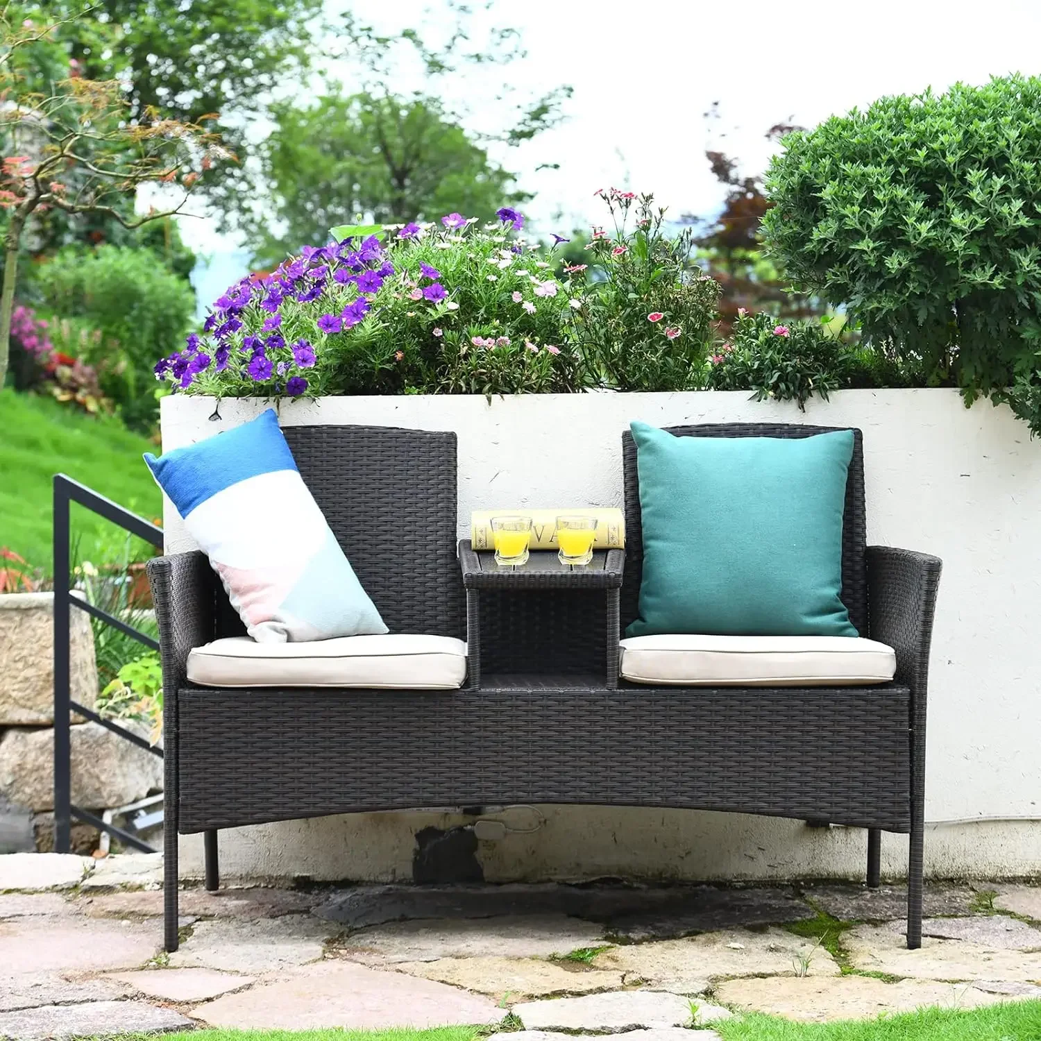 Outdoor Rotan Loveseat, Patio Conversatie Set Met Kussens En Tafel, Moderne Gepatenteerde Rieten Sofa Set Met Ingebouwde Salontafel