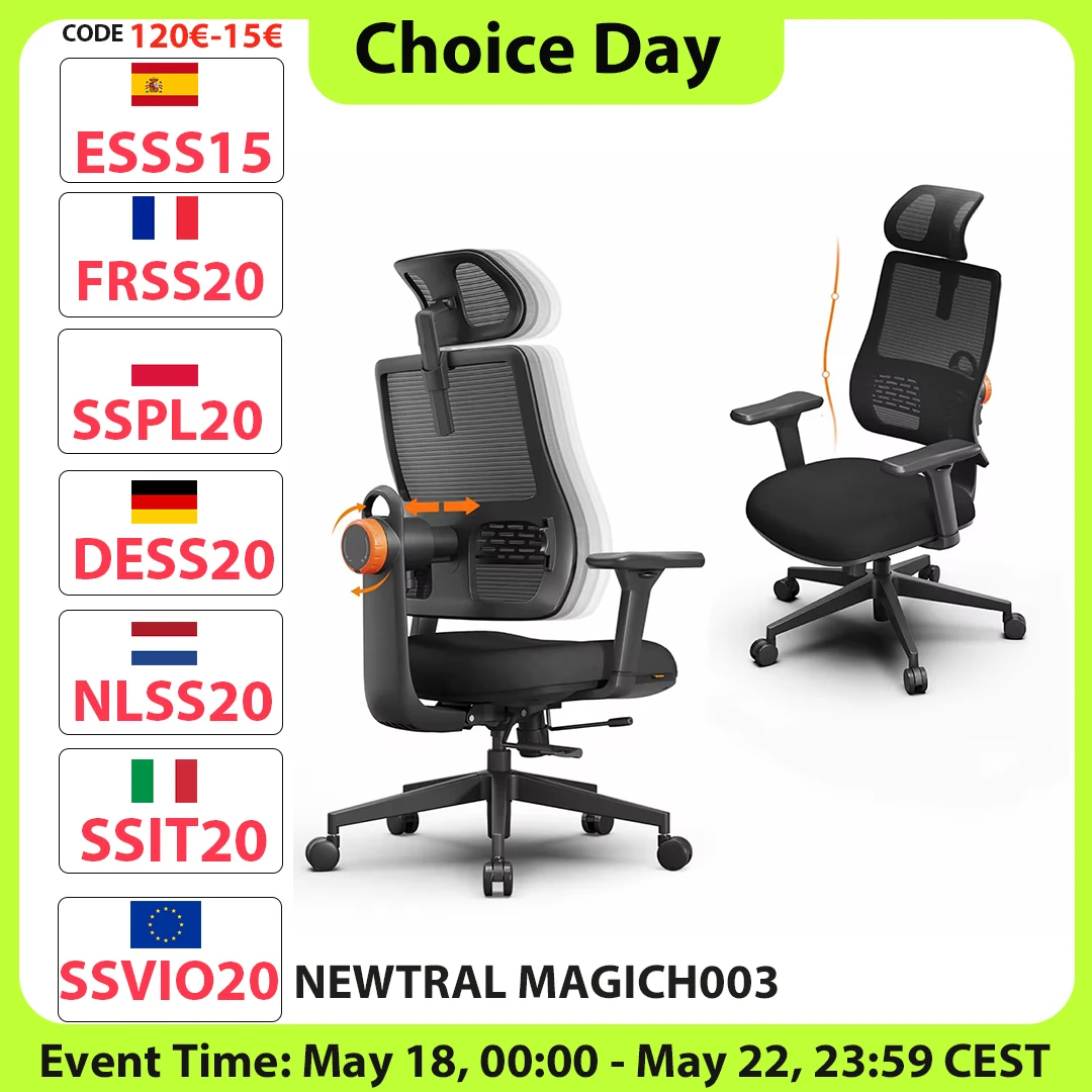 NEWTRAL MAGICH003 Ergonomiczne krzesło biurowe, automatycznie podnoszone oparcie, adaptacyjne wsparcie dolnej części pleców, regulowana głębokość siedziska zagłówka