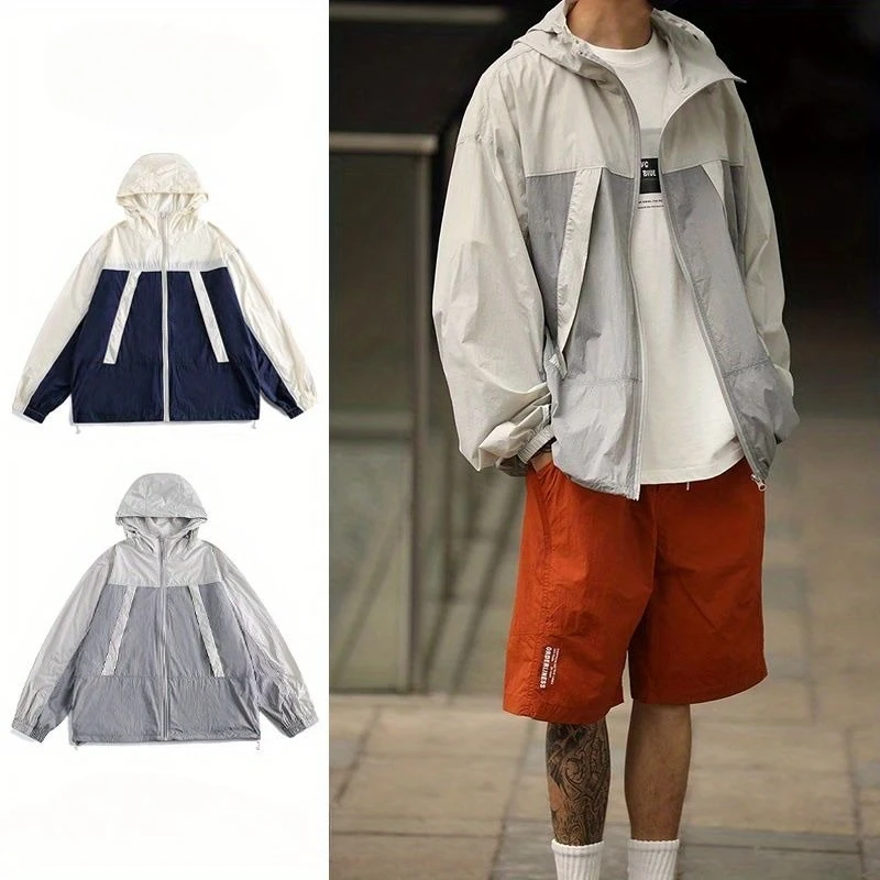 

Contrast Lightweight Sun Protection Jacket for Men Summer Hooded Zipper Long Sleeves Coat Fashionable Breathable UV Tops
