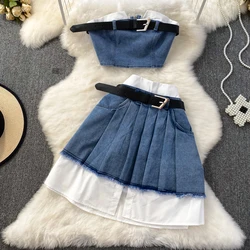 Youth Women Jeans Suits Sexy Sleeveless Strapless Denim Tops + High Waist Pleated Mini Skirts Clothing Sets