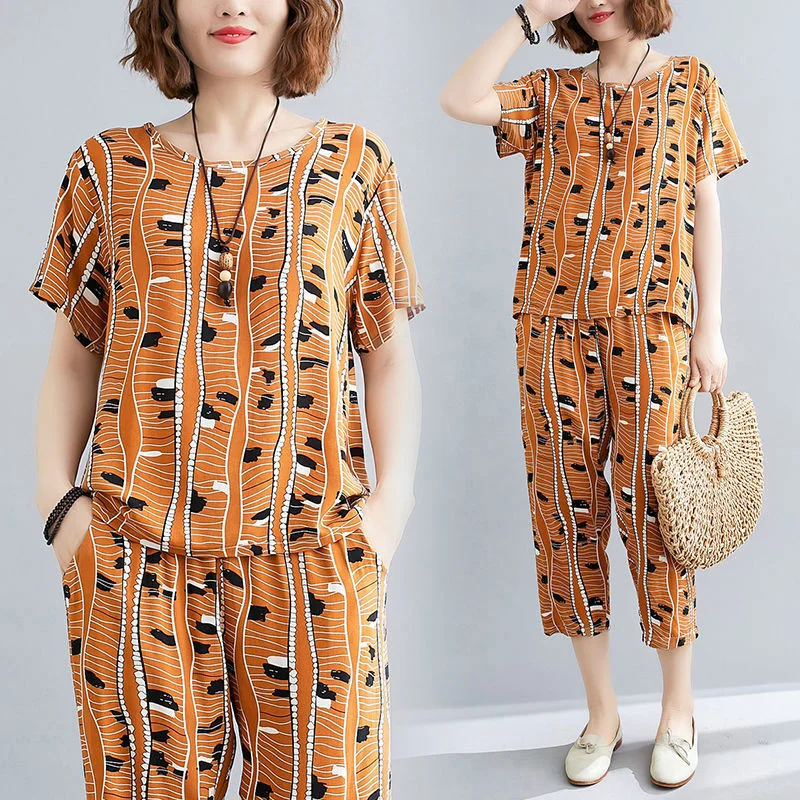 Cotton Silk Fashion Suit Women Summer 2023 New Home Wear Harun Cropped Trousers Casual Two-piece Suit Female Printing Loose Sets