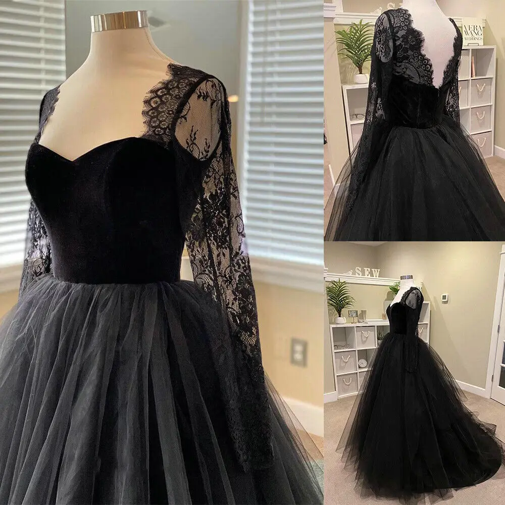 

ANGELSBRIDEP Black Gothic Lace Wedding Dresses Long Sleeves Ball Gowns Tulle Garden Country Backless Bridal Gown Sweep Train