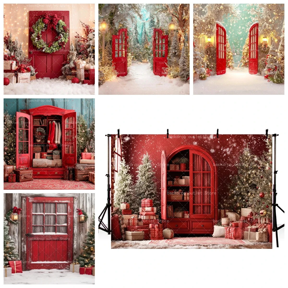 Mehofond Christmas Photography Background Vintage Red Door Cupboard Xmas Tree Gifts Decor Kids Family Photo Backdrop Props