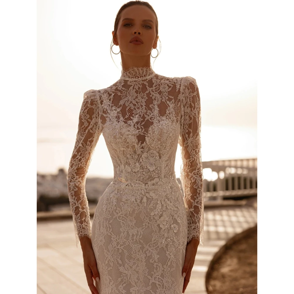 Maßgeschneiderte Brautkleider: Neues Meerjungfrauen-Hochzeitskleid mit Pailletten, Perlen und Spitze, dezenter Hochkragen, lange Ärmel, Brautkleid 2026