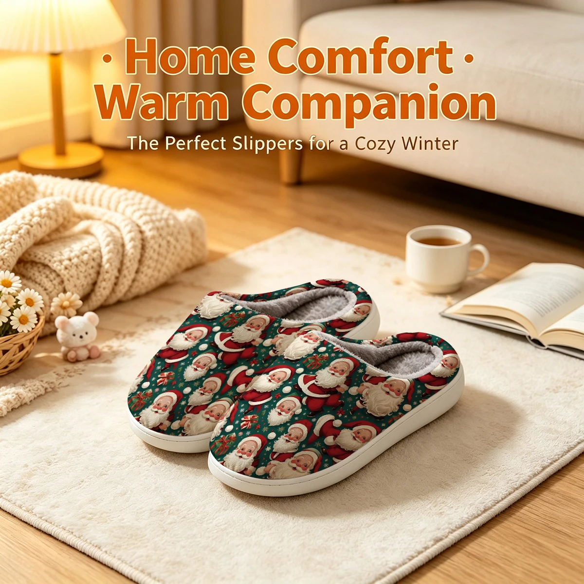 Vintage Santa Seamless Christmas White Slippers Warm Plush Indoor Shoes Non-Slip Winter Slippers Family Holiday Gifts Soft view 3