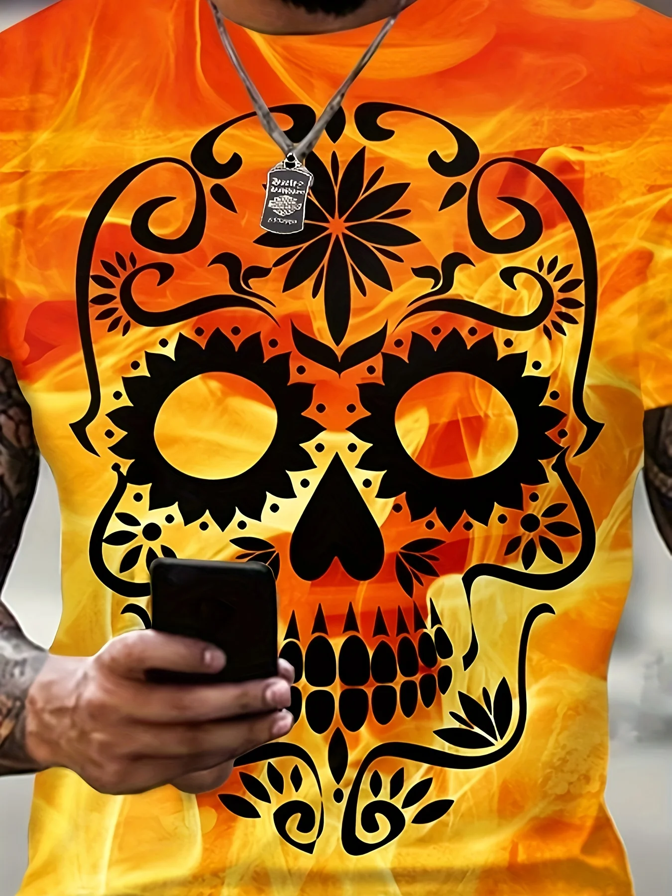 

2024 New Men's Orange Skull Head Pattern Trendy T-shirt