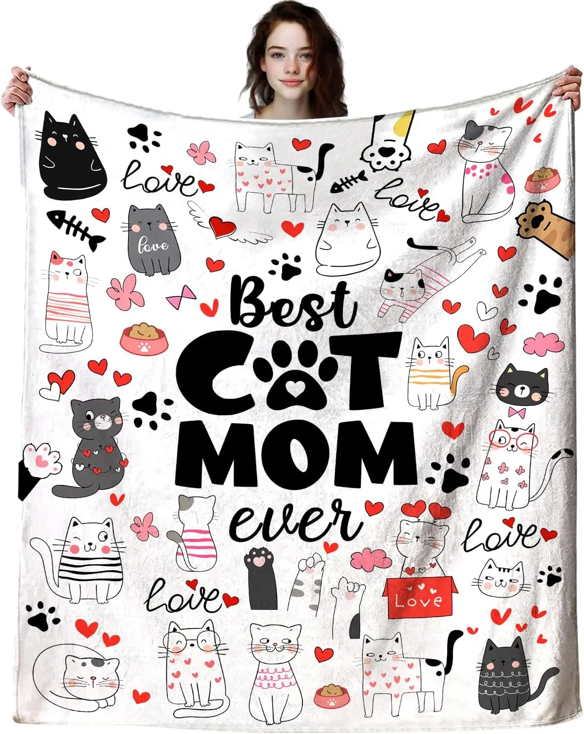 Best Cat Mom Ever Blanket Cute Kitty Design Fleece Throw Gift for Cat Lover Soft Cozy Home Decor Pet Owner Bedding Cover