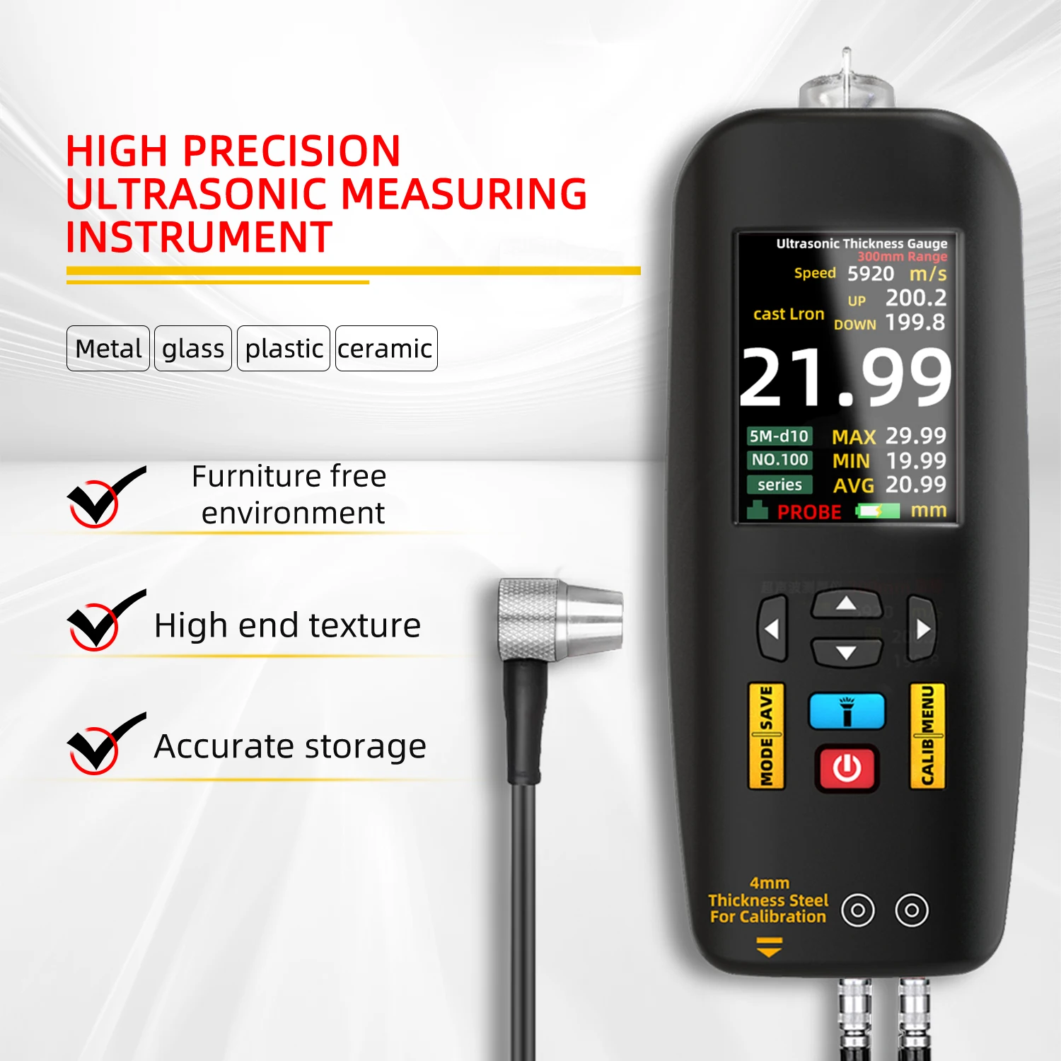 BSIDE Digital Ultrasonic Thickness Gauge High Precision Metallic ceramics composites Tester Meter 1-300mm 0.01mm Resolution