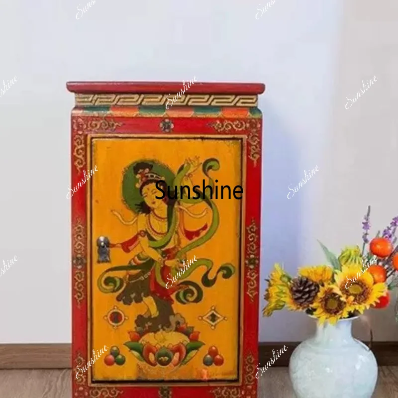 Chinese painted bedside table solid wood retro side cabinet