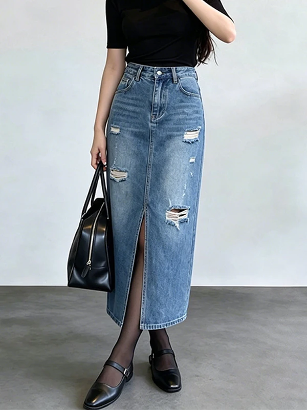 

High Waist A-Line Skirt Women's Vintage Washed Denim Skirt Summer 2026 Elegant Versatile Half-length Skirt