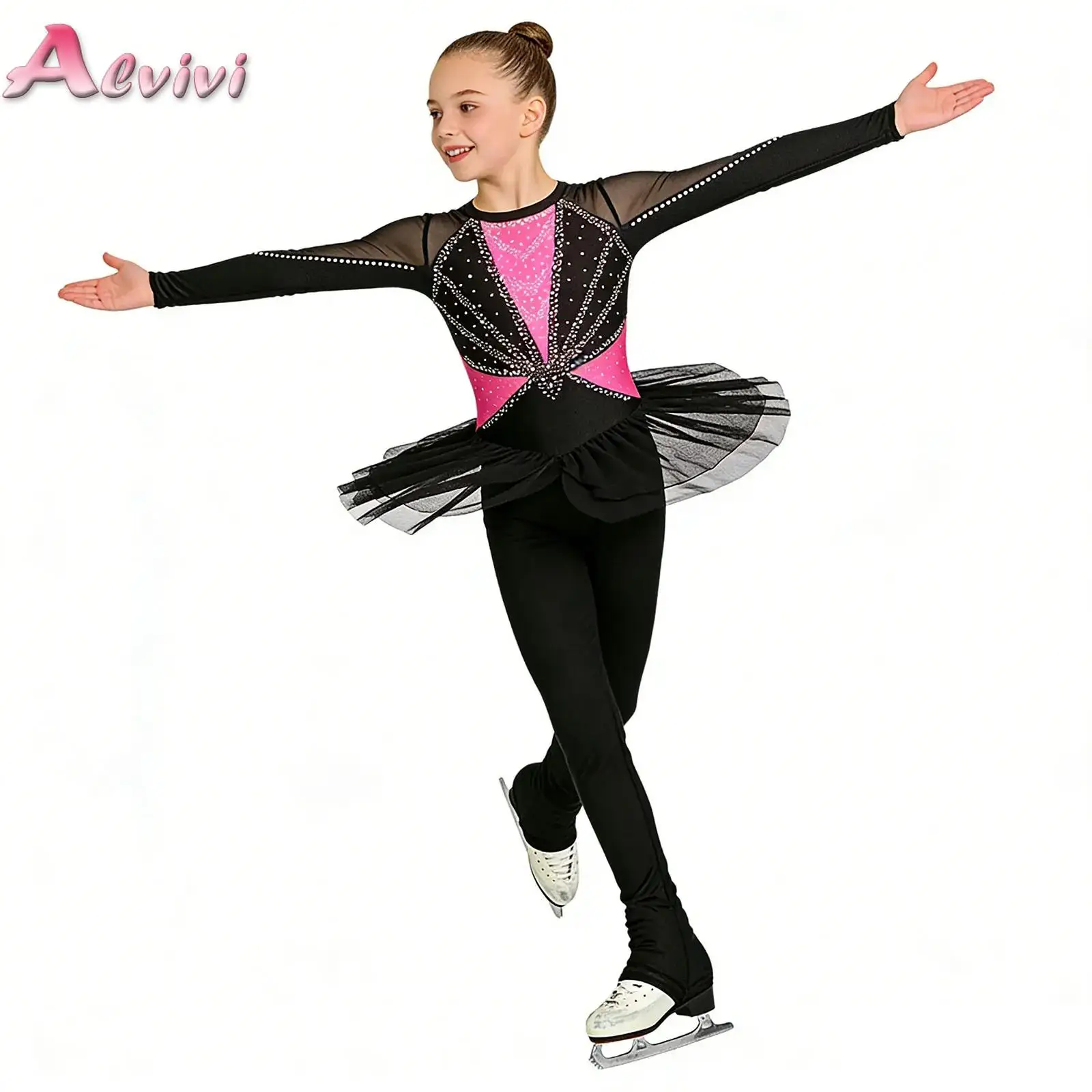 

Kids Girls Figure Skating Skirted Jumpsuit Children Modern Lyrical Dance Dress Long Sleeve Finger Holes Ballet Gymnastic Leotard