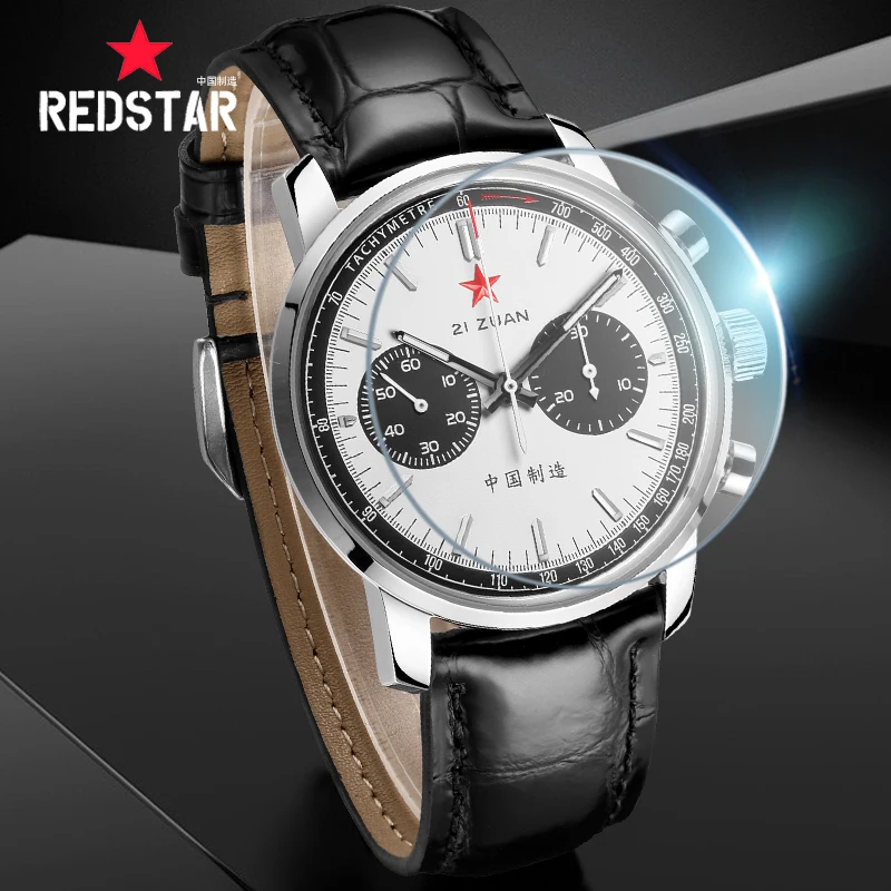 Red Star Men\'s 1963 Chronograph Mechanical Watch Pilot Original ST1901 Movement Re-Engraved Luminous Aviation Flight Retro Clock