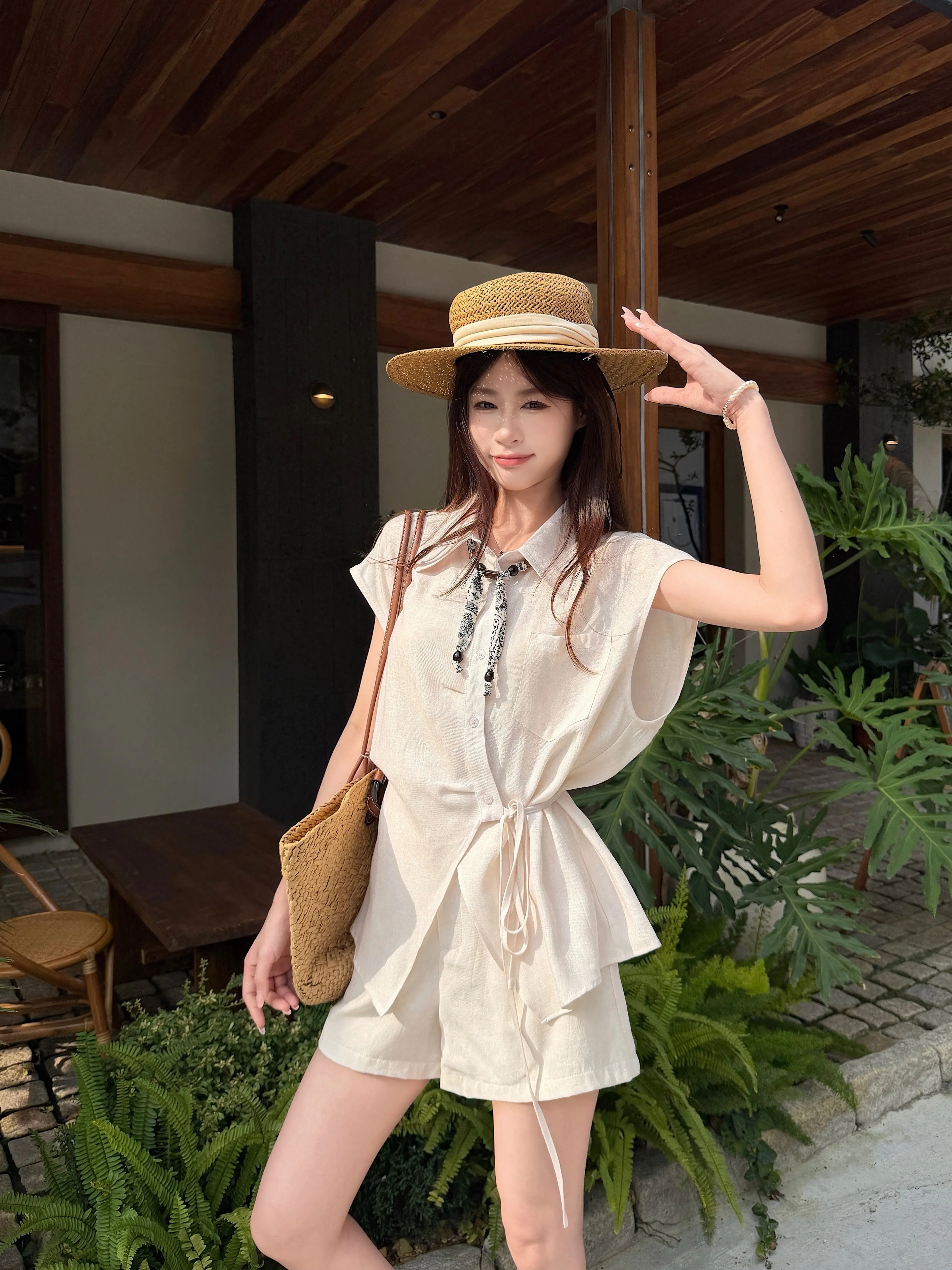 

Kumikumi Vintage Style Set Pure Color Belted Short Sleeve Shirt Women Summer High Waist Slim Wide Leg Pants Two Piece Set