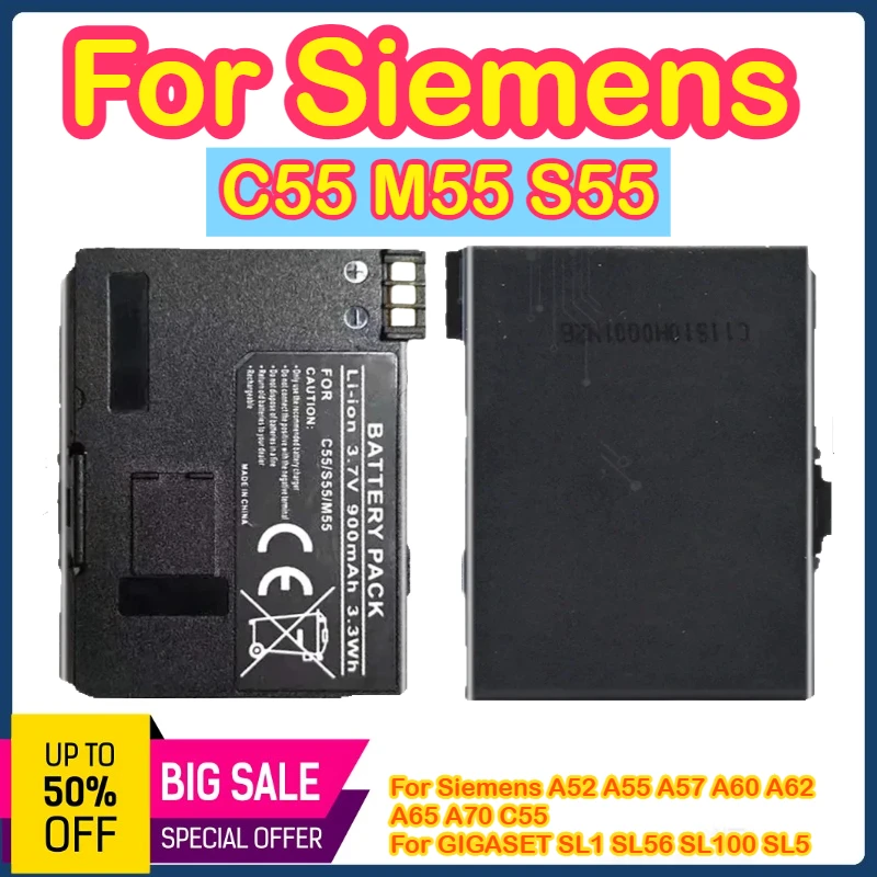 

C55 M55 S55 900 мАч 3,7 В 3,3 Втч Аккумулятор для мобильного телефона Siemens A52 A55 A57 A60 A62 A65 A70 C55 Для GIGASET SL1 SL56 SL100 SL5