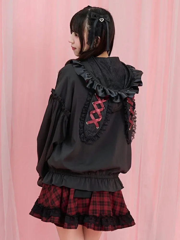 Weet Lolita Bunny Ear Hooded Sheer Jacket Lace Heart Pocket Ruffle Long Sleeve Zip Up Coat Lantern Sleeve Hooded Thin Jacket