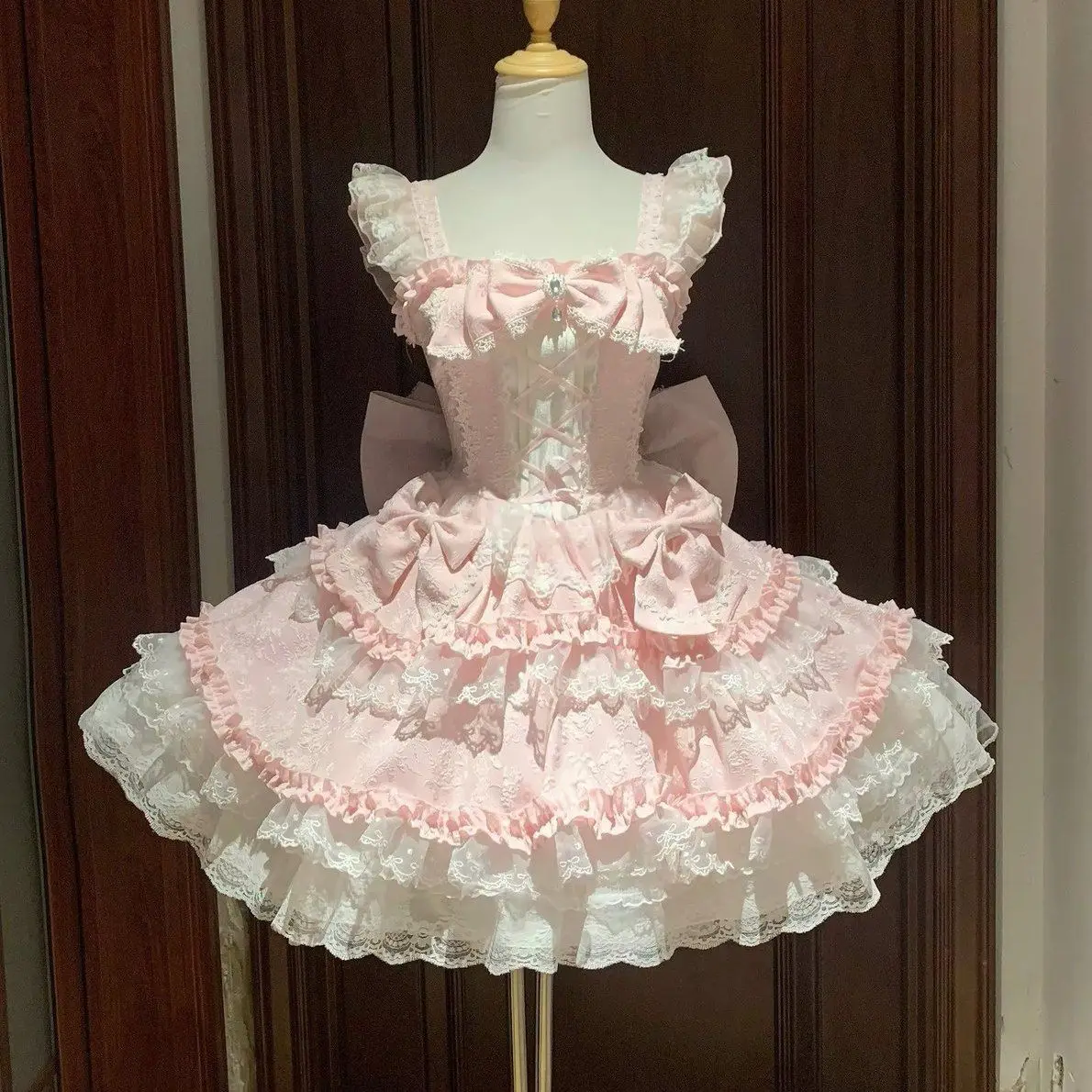 Lolita Sweet Kawaii Lace Ruffle Puff Sleeve Corset Women Dresses Bow Design Layered Lace Big Bow Dress Princess Party Daily Chic image 3