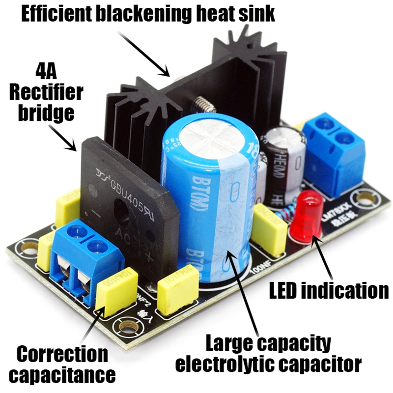 LM317 DC adjustable voltage regulator power supply board LM7805/12/15/24 Buck 5V12V15V24V filter capacitor 4A rectifier bridge