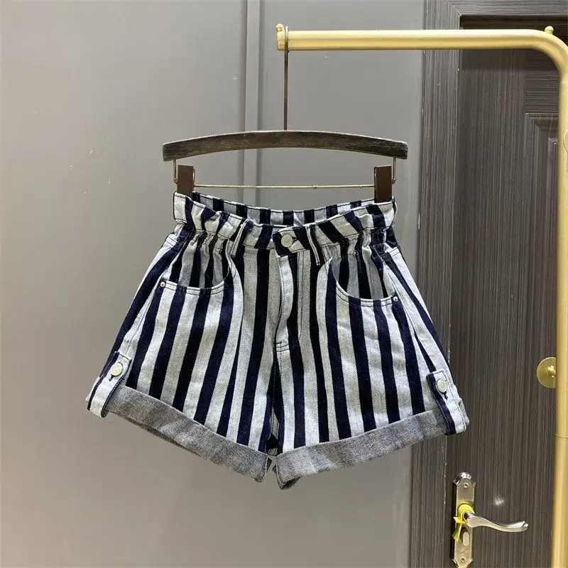 縦縞のレディースデニムショーツ,新しい夏の服,ワイドレッグパンツ,スリムでルーズフィット,ラインa,ホットパンツ