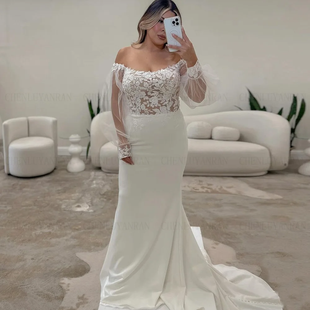 Mermaid Satin Wedding Dress Off-Shoulder Applique Long Bride Dress Sweep Train Button Ivory Dress For Women 2024 Robe De Mariée