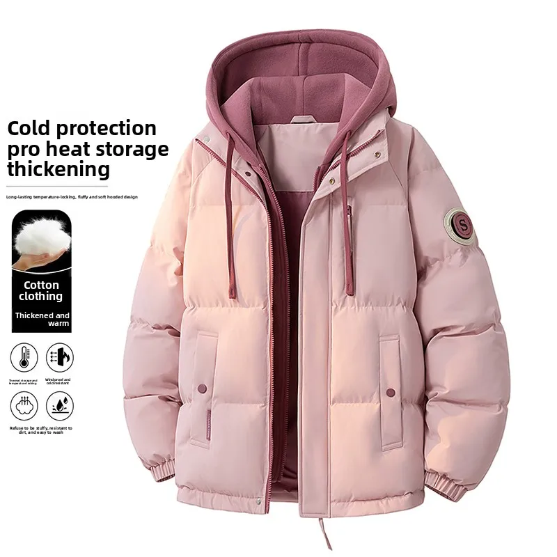 

no Cherry Blossom Pink Hooded Thiened Winter Cotton Jaet Women's Warm Bread Sle Couple Anti-Cold Cotton Coat